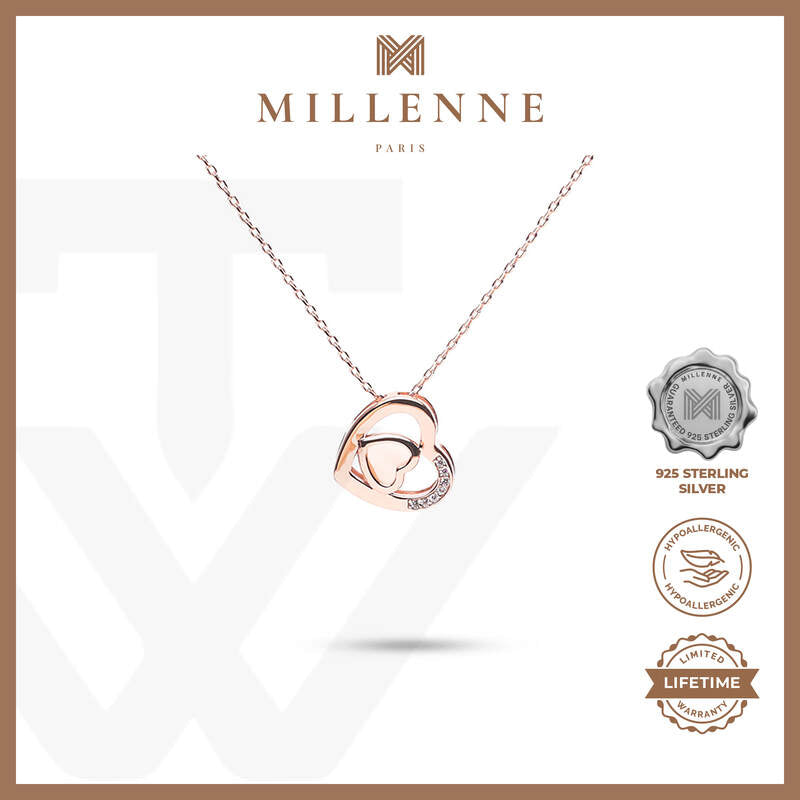 MILLENNE Millennia 2000 Heart Studded Cubic Zirconia Rose Gold Necklace with 925 Sterling Silver