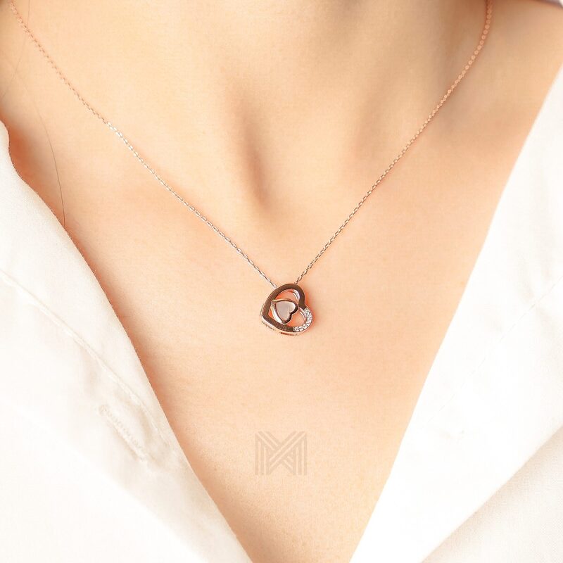 MILLENNE Millennia 2000 Heart Studded Cubic Zirconia Rose Gold Necklace with 925 Sterling Silver