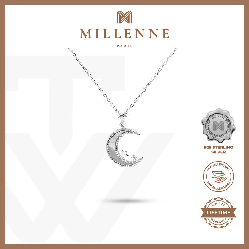 MILLENNE Match The Stars Mother of Pearls Moon and Stars White Gold Necklace with 925 Sterling Silver