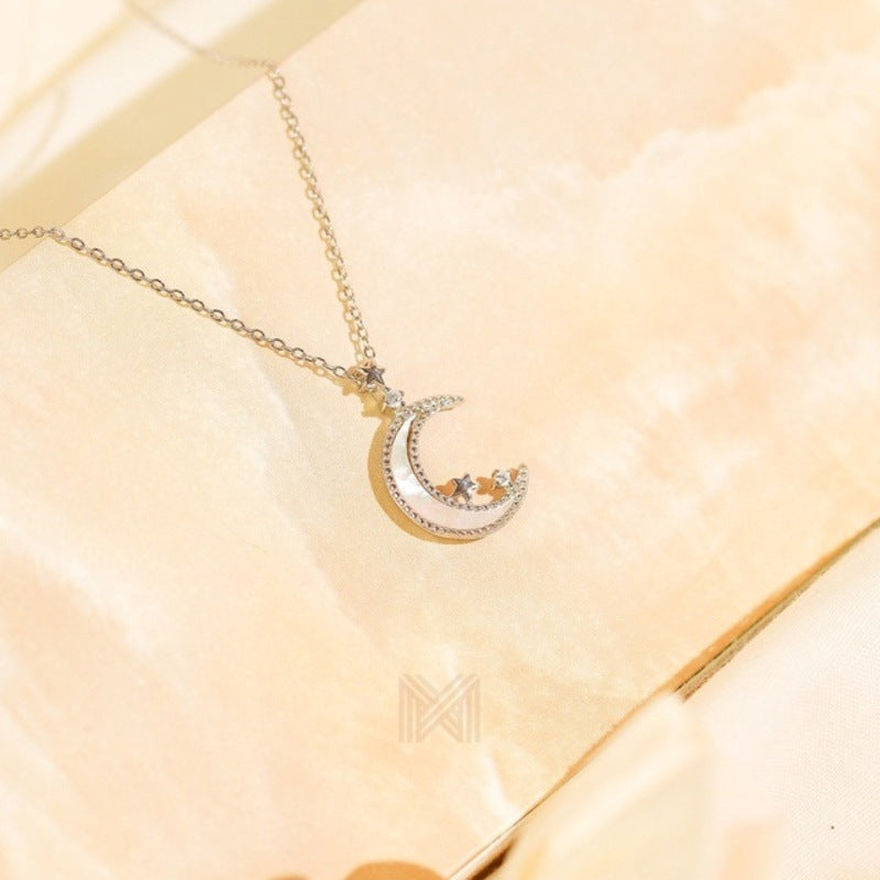 MILLENNE Match The Stars Mother of Pearls Moon and Stars White Gold Necklace with 925 Sterling Silver