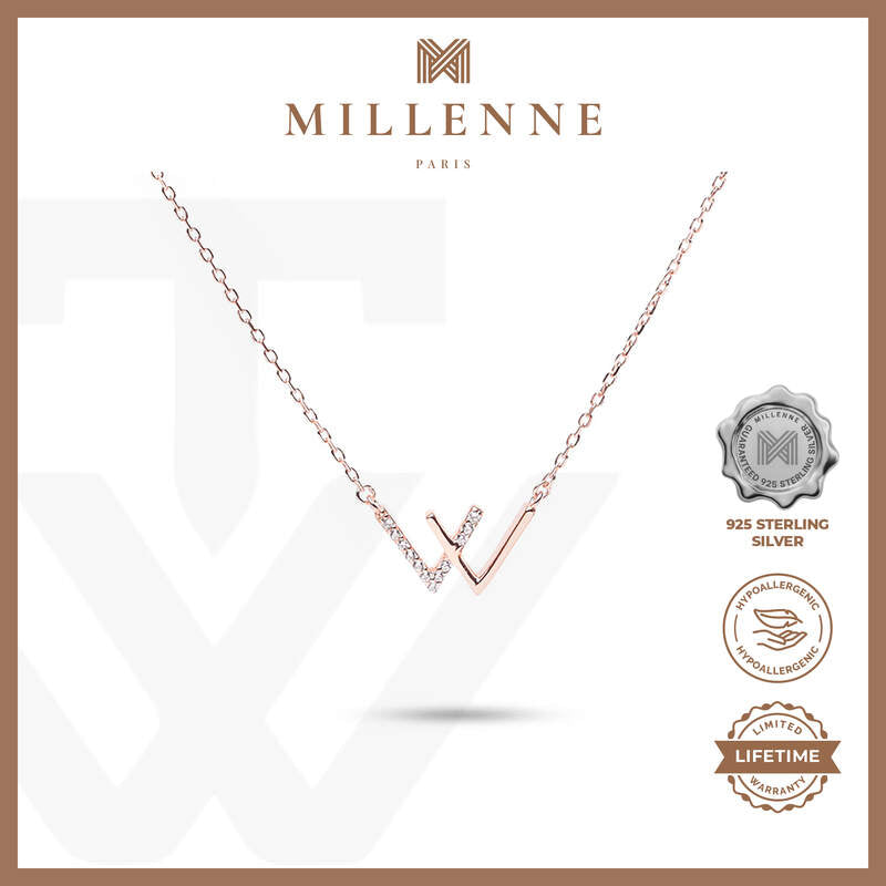 MILLENNE Minimal Studded W Cubic Zirconia Rose Gold Necklace with 925 Sterling Silver