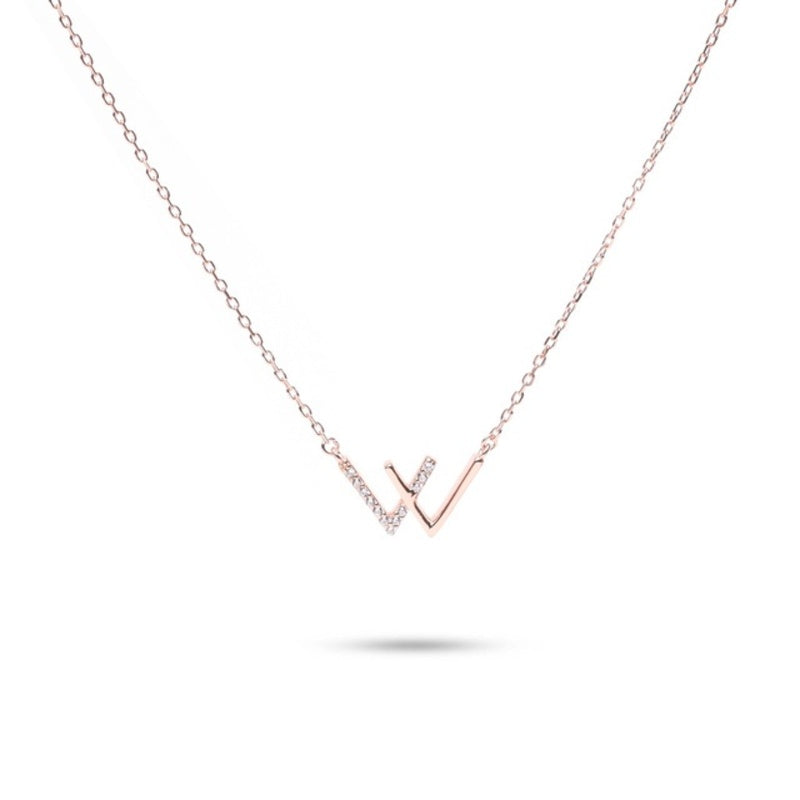 MILLENNE Minimal Studded W Cubic Zirconia Rose Gold Necklace with 925 Sterling Silver