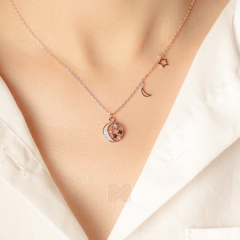 MILLENNE Match The Stars Galaxy Studded Cubic Zirconia Rose Gold Necklace with 925 Sterling Silver