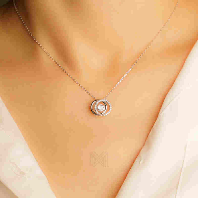 MILLENNE Made For The Night Circle Loop Studded Cubic Zirconia White Gold Necklace with 925 Sterling Silver