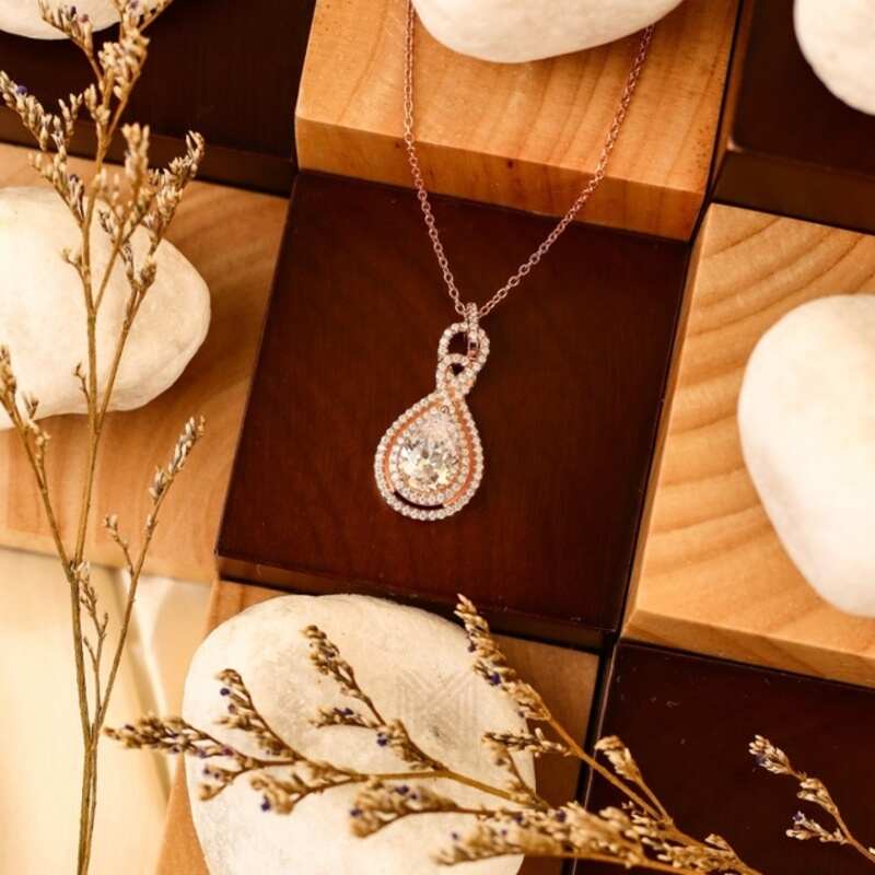 MILLENNE Made For The Night Intricate Drop Studded Cubic Zirconia Rose Gold Necklace with 925 Sterling Silver