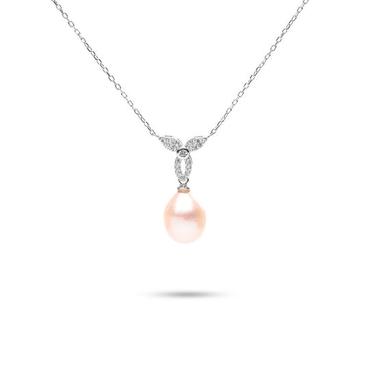 MILLENNE Multifaceted Pearl Drop and Intricate Studded Cubic Zirconia White Gold Necklace with 925 Sterling Silver