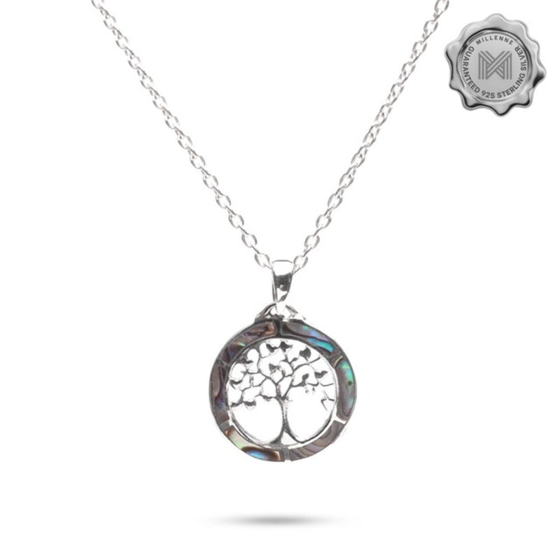 MILLENNE Multifaceted Abalone Shell Tree of Life Shell White Gold Pendant with 925 Sterling Silver