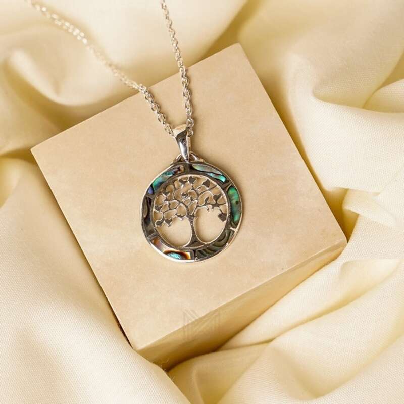 MILLENNE Multifaceted Abalone Shell Tree of Life Shell White Gold Pendant with 925 Sterling Silver