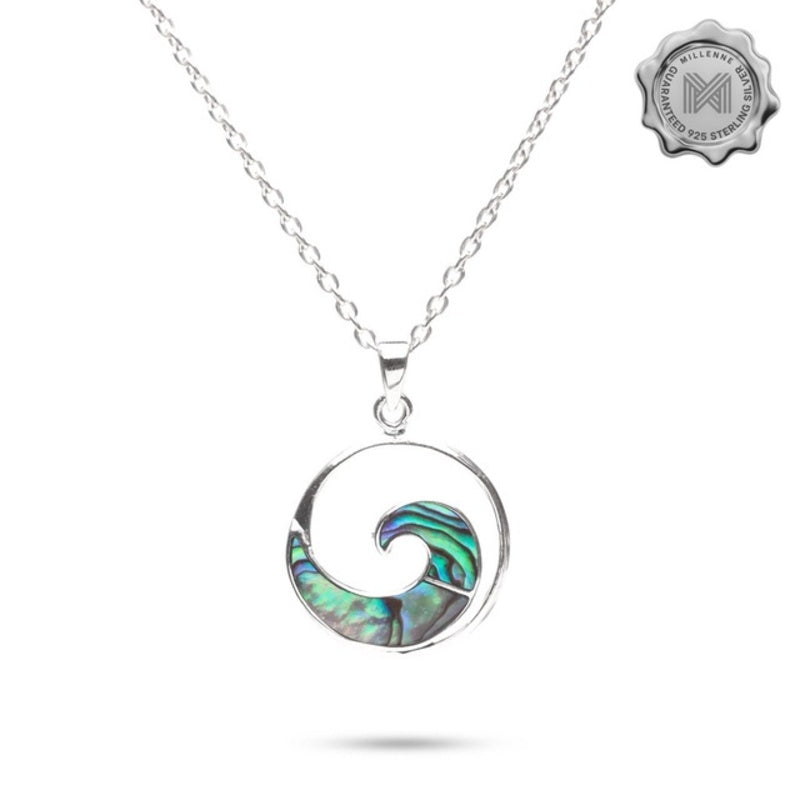 MILLENNE Multifaceted Abalone Shell Ocean Wave White Gold Pendant with 925 Sterling Silver