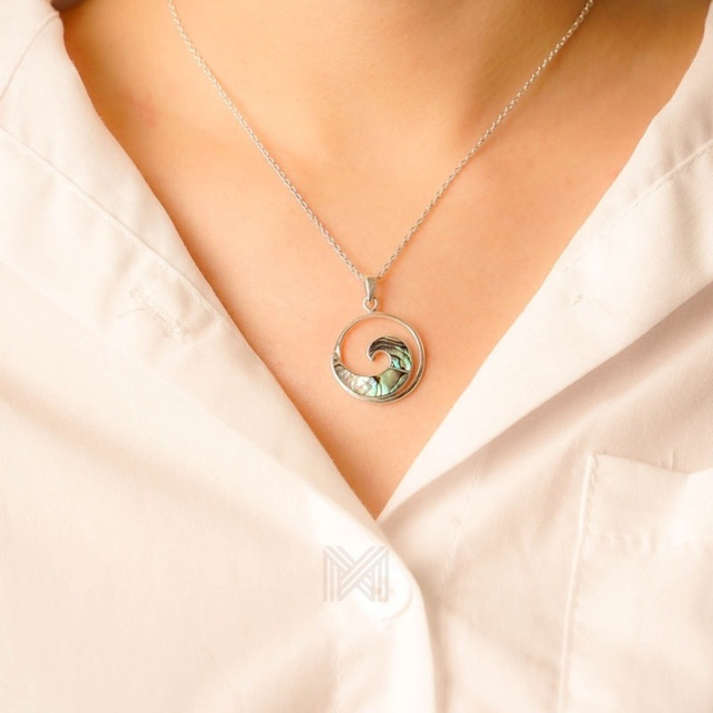 MILLENNE Multifaceted Abalone Shell Ocean Wave White Gold Pendant with 925 Sterling Silver