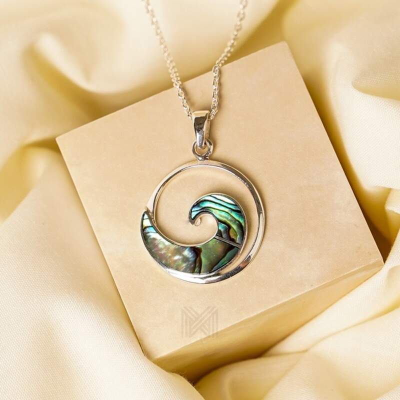 MILLENNE Multifaceted Abalone Shell Ocean Wave White Gold Pendant with 925 Sterling Silver