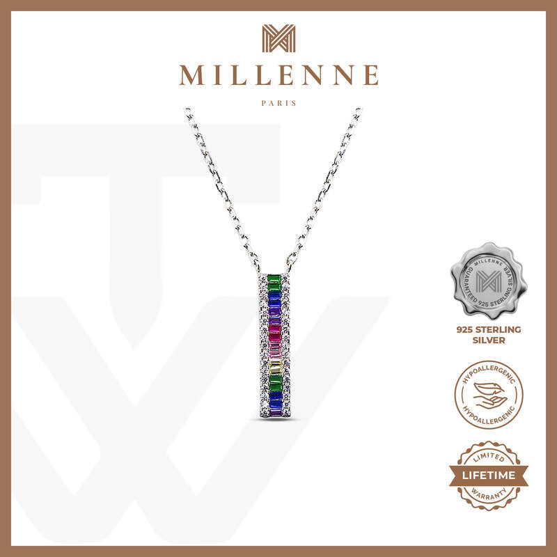 MILLENNE Multifaceted Rainbow Bar Studded Cubic Zirconia White Gold Necklace with 925 Sterling Silver