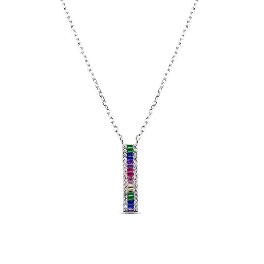 MILLENNE Multifaceted Rainbow Bar Studded Cubic Zirconia White Gold Necklace with 925 Sterling Silver