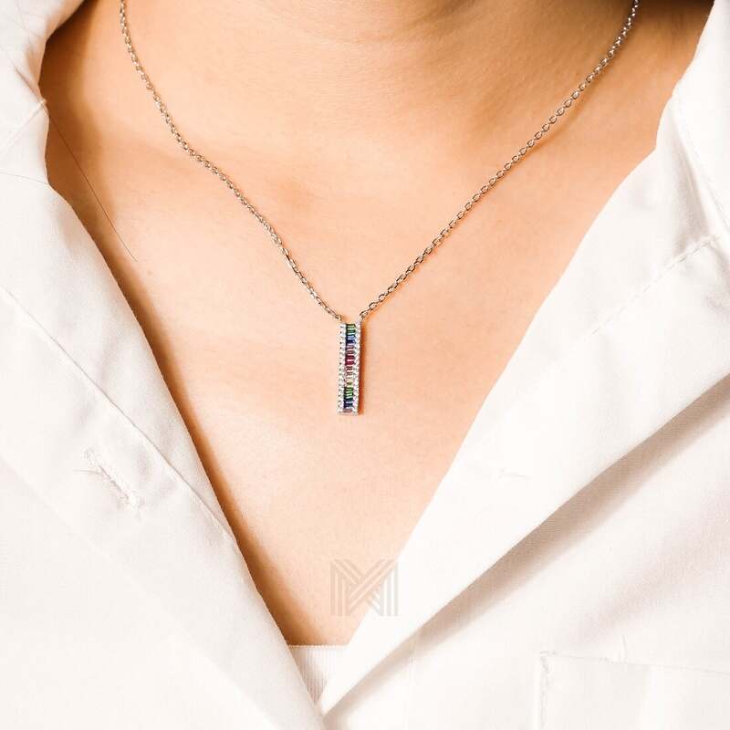 MILLENNE Multifaceted Rainbow Bar Studded Cubic Zirconia White Gold Necklace with 925 Sterling Silver