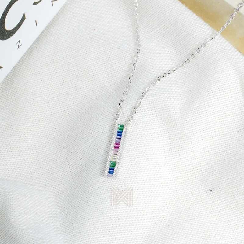 MILLENNE Multifaceted Rainbow Bar Studded Cubic Zirconia White Gold Necklace with 925 Sterling Silver