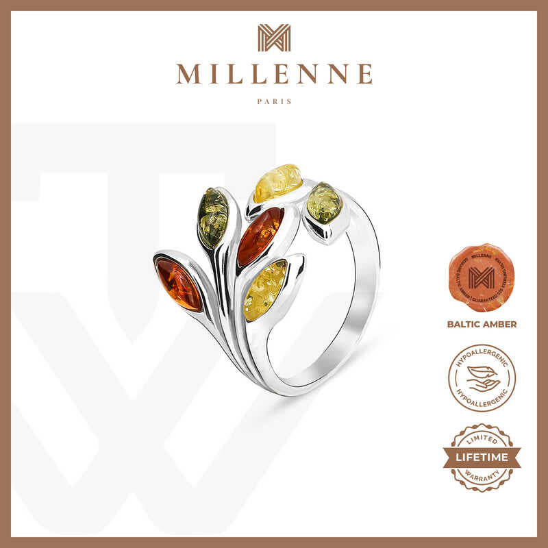 MILLENNE Multifaceted Baltic Amber Branching Leaves Silver Ring with 925 Sterling Silver