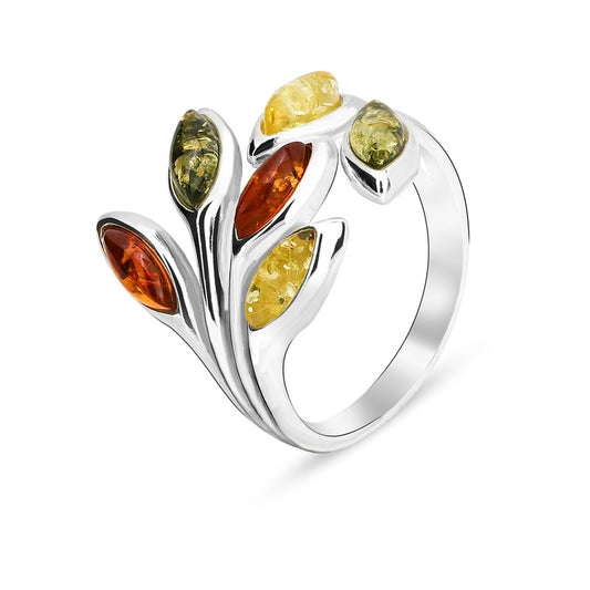 MILLENNE Multifaceted Baltic Amber Branching Leaves Silver Ring with 925 Sterling Silver