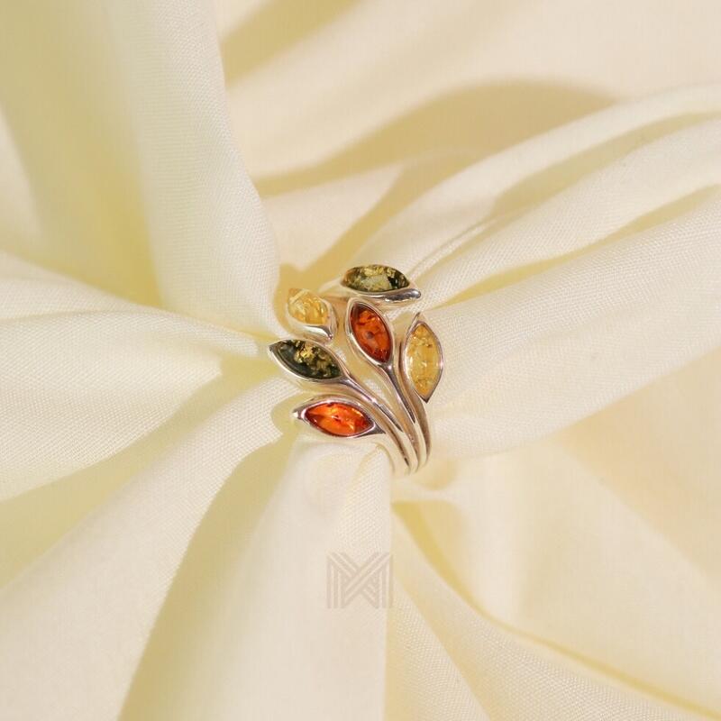 MILLENNE Multifaceted Baltic Amber Branching Leaves Silver Ring with 925 Sterling Silver