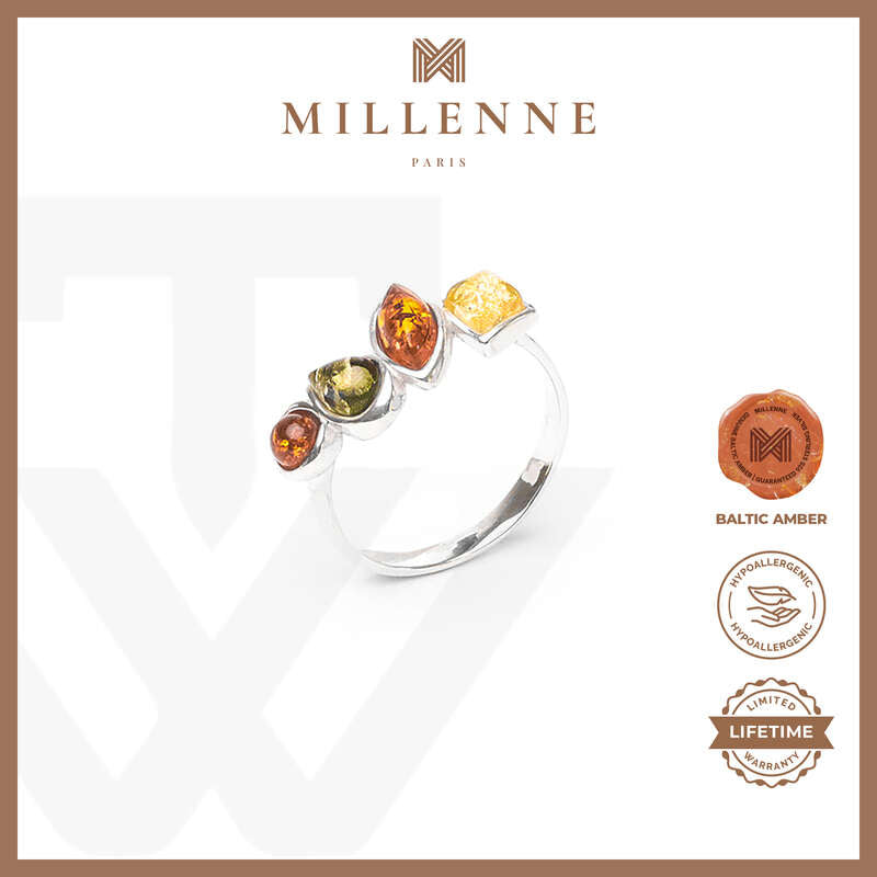 MILLENNE Multifaceted Baltic Amber Rhytymic Silver Ring with 925 Sterling Silver