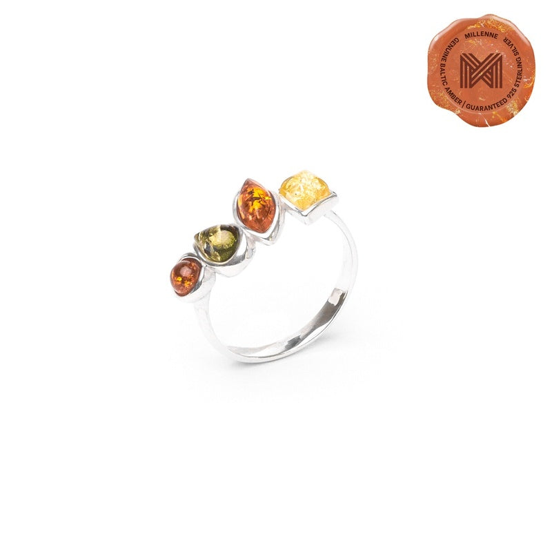 MILLENNE Multifaceted Baltic Amber Rhytymic Silver Ring with 925 Sterling Silver