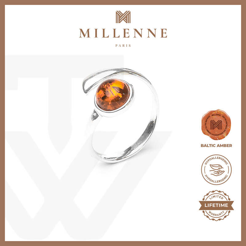 MILLENNE Multifaceted Baltic Amber Bezel Set Huggie Wrap Silver Ring with 925 Sterling Silver