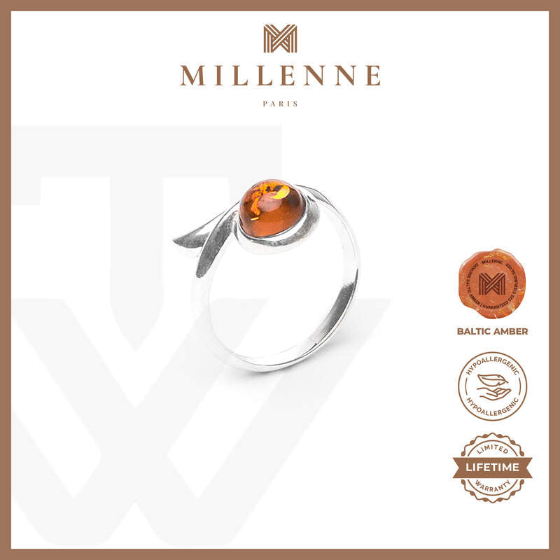 MILLENNE Multifaceted Baltic Amber Bezel Set Wrap Silver Ring with 925 Sterling Silver