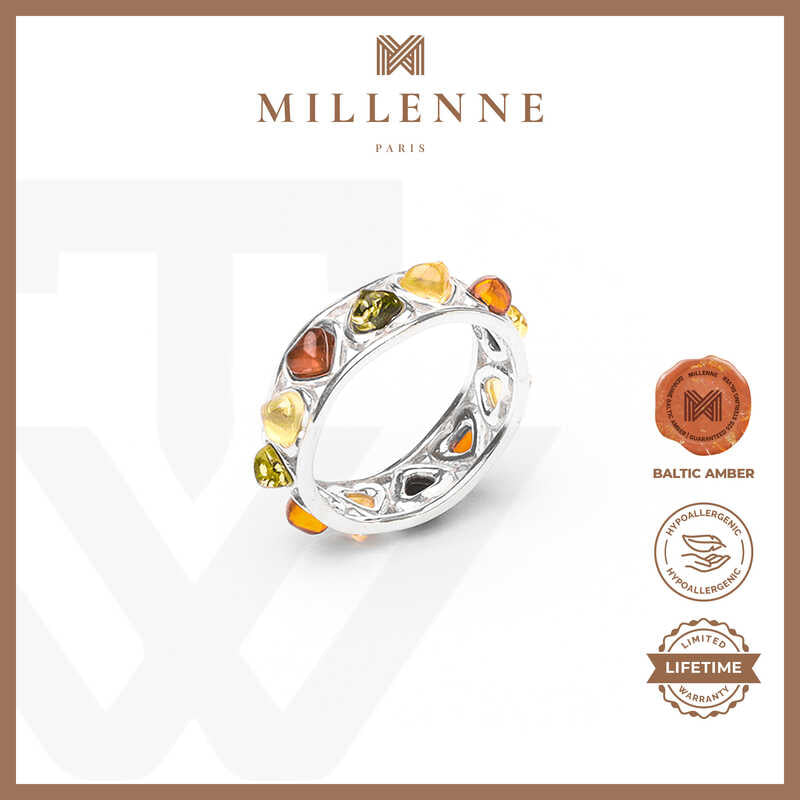 MILLENNE Multifaceted Baltic Amber Multi-Tone Eternity Silver Ring with 925 Sterling Silver