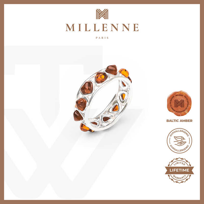 MILLENNE Multifaceted Baltic Amber Monotone Eternity Silver Ring with 925 Sterling Silver