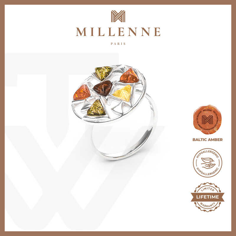 MILLENNE Multifaceted Baltic Amber Multi-Tone Disc Silver Ring with 925 Sterling Silver