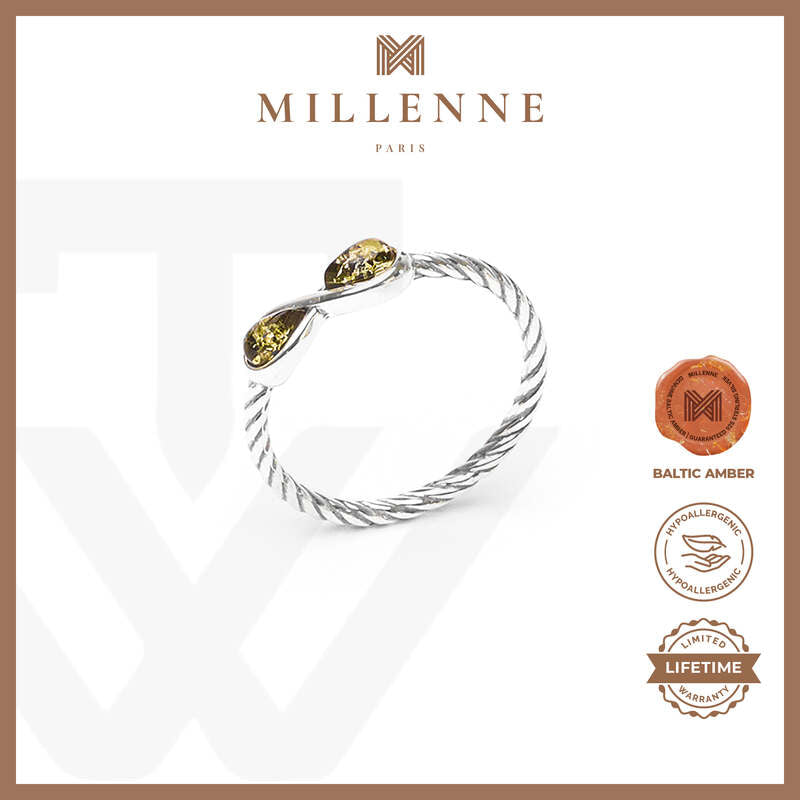 MILLENNE Multifaceted Baltic Amber Green Infinity Silver Ring with 925 Sterling Silver