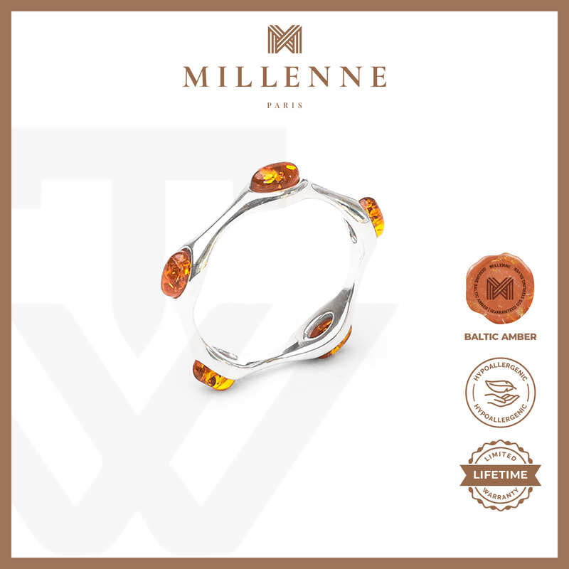 MILLENNE Multifaceted Baltic Amber Monotone Wavy Silver Ring with 925 Sterling Silver