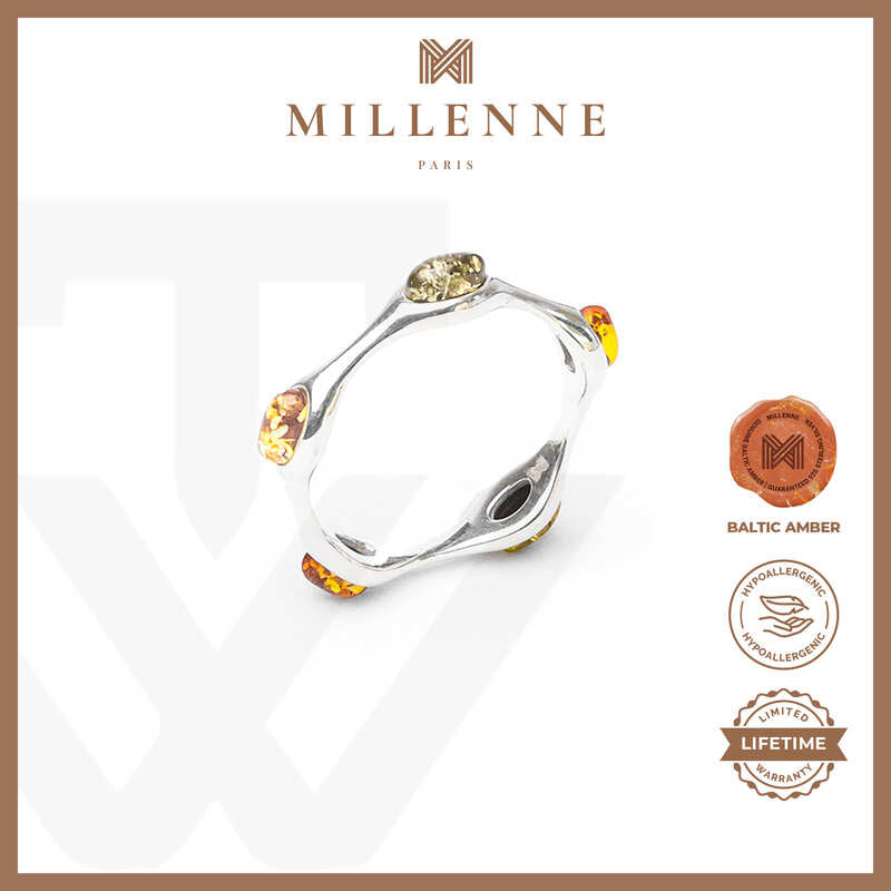 MILLENNE Multifaceted Baltic Amber Multi-Tone Wavy Silver Ring with 925 Sterling Silver