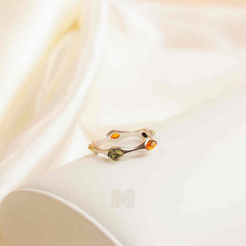 MILLENNE Multifaceted Baltic Amber Multi-Tone Wavy Silver Ring with 925 Sterling Silver