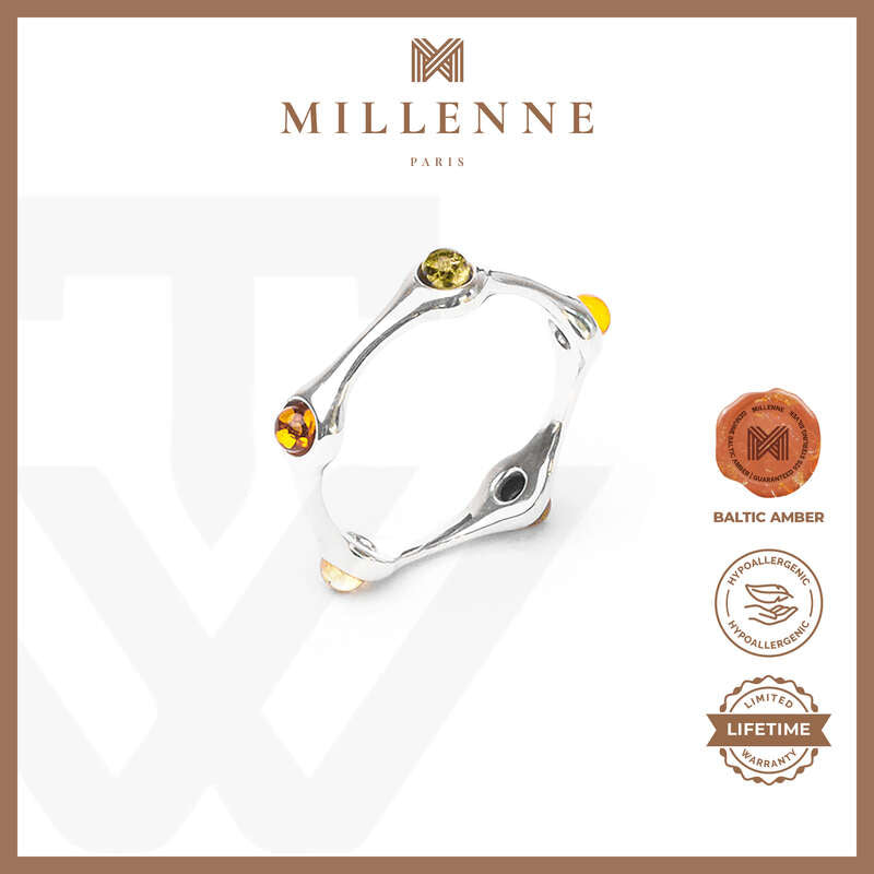 MILLENNE Multifaceted Baltic Amber Multi-Tone Spaced Beads Silver Ring with 925 Sterling Silver