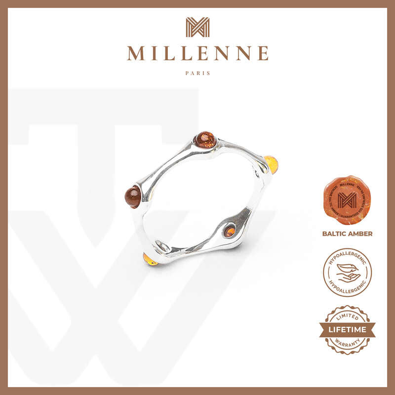 MILLENNE Multifaceted Baltic Amber Monotone Spaced Beads Silver Ring with 925 Sterling Silver