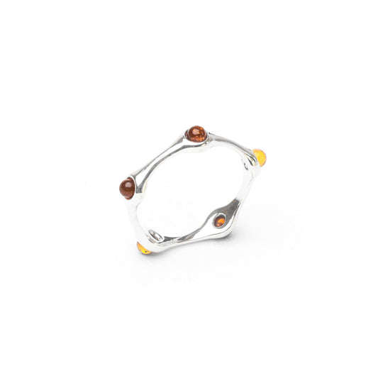 MILLENNE Multifaceted Baltic Amber Monotone Spaced Beads Silver Ring with 925 Sterling Silver