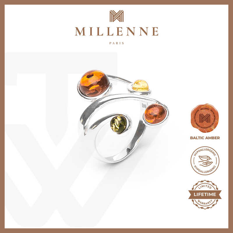 MILLENNE Multifaceted Baltic Amber Multi Globe Silver Ring with 925 Sterling Silver