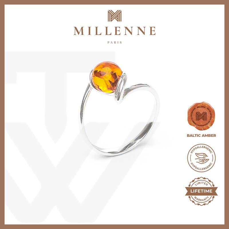 MILLENNE Multifaceted Baltic Amber Globe Silver Ring with 925 Sterling Silver