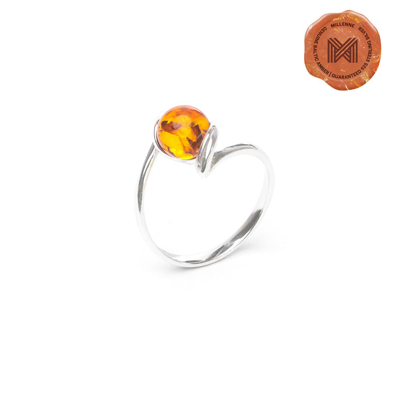 MILLENNE Multifaceted Baltic Amber Globe Silver Ring with 925 Sterling Silver