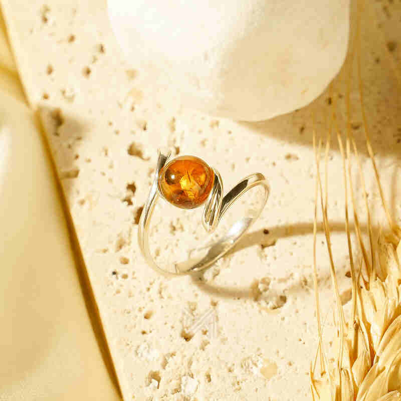 MILLENNE Multifaceted Baltic Amber Globe Silver Ring with 925 Sterling Silver