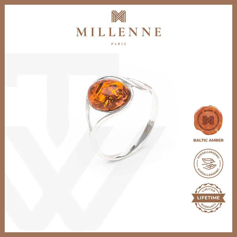 MILLENNE Multifaceted Baltic Amber Oval Detailed Silver Ring with 925 Sterling Silver