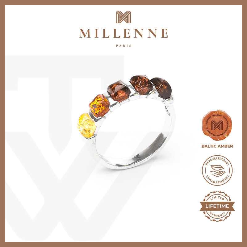 MILLENNE Multifaceted Baltic Amber Bamboo Silver Ring with 925 Sterling Silver