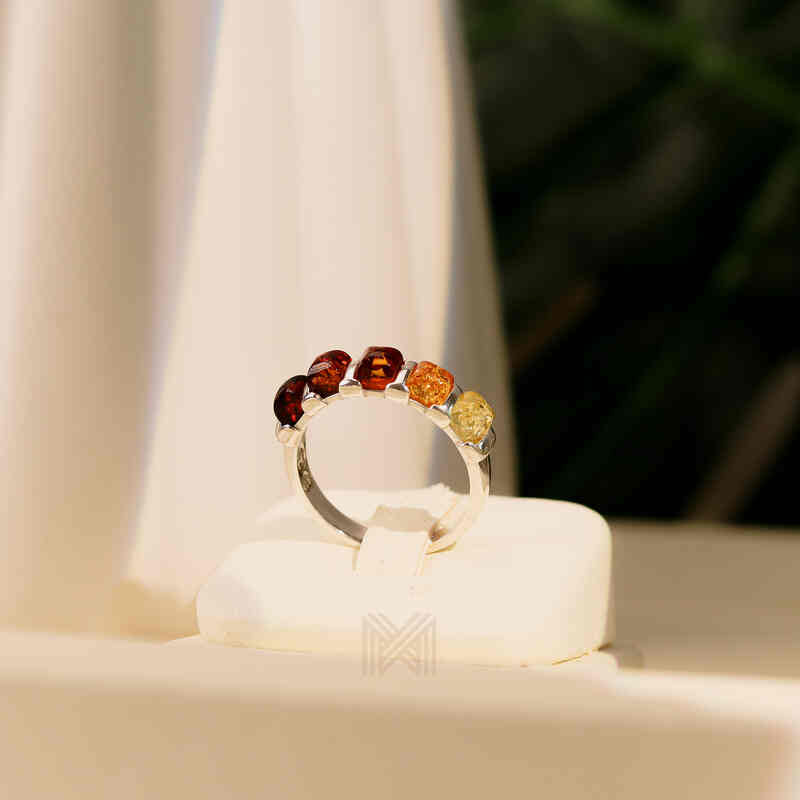 MILLENNE Multifaceted Baltic Amber Bamboo Silver Ring with 925 Sterling Silver