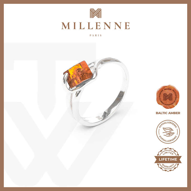 MILLENNE Multifaceted Baltic Amber Cube Silver Ring with 925 Sterling Silver