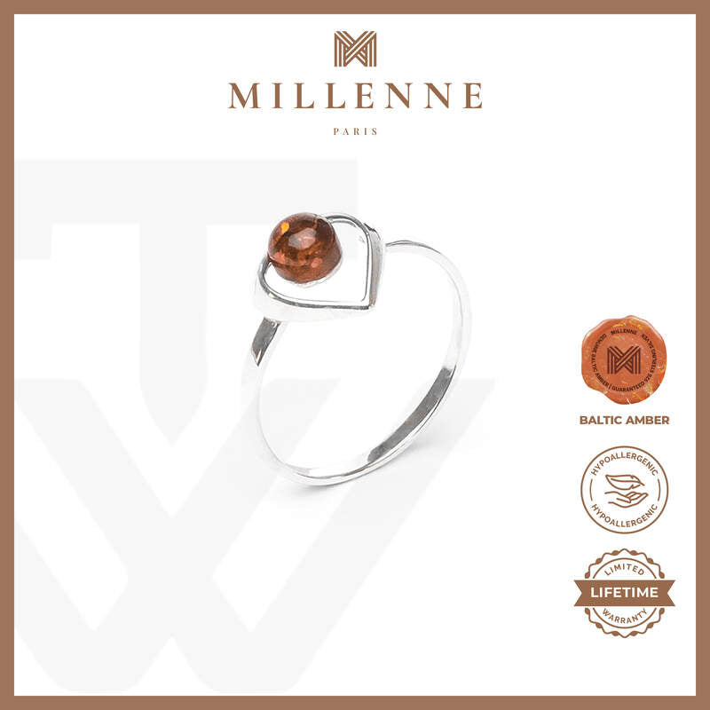 MILLENNE Multifaceted Baltic Amber Pear Enclosed Bead Silver Ring with 925 Sterling Silver