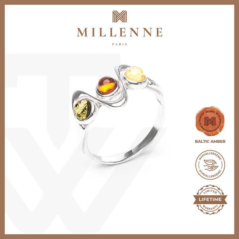 MILLENNE Multifaceted Baltic Amber Waves Silver Ring with 925 Sterling Silver