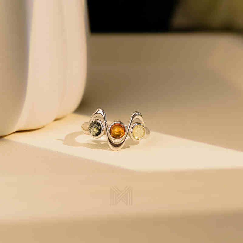 MILLENNE Multifaceted Baltic Amber Waves Silver Ring with 925 Sterling Silver