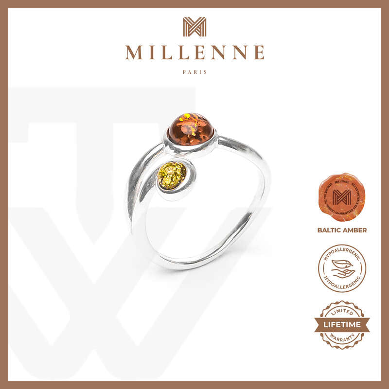 MILLENNE Multifaceted Baltic Amber Double Curve Silver Ring with 925 Sterling Silver