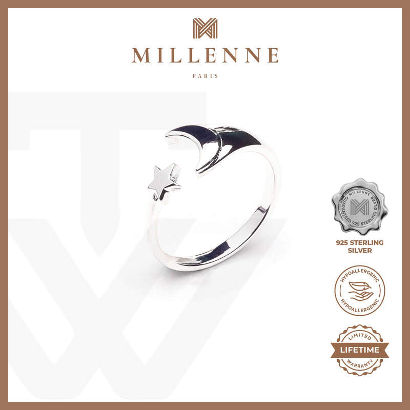 MILLENNE Match The Stars Cresent Moon and Star Silver Adjustable Ring with 925 Sterling Silver