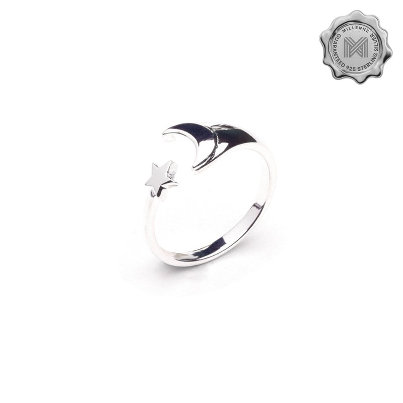 MILLENNE Match The Stars Cresent Moon and Star Silver Adjustable Ring with 925 Sterling Silver